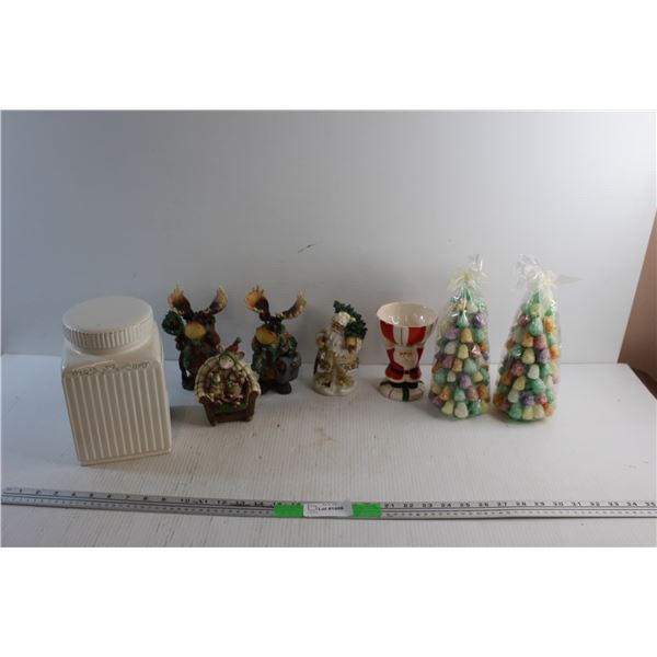 Christmas Decor, Sugared Fruit Candles and Milk Glass Cookie Jar