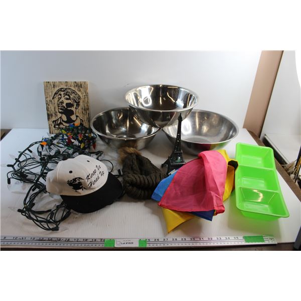 *Christmas Tree Lights, Metal Bowls, Eiffel Tower, Toque, Tupac Wall Decor and Large Plastic Tote