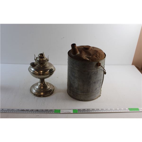 Vintage Gas Can and Kerosene Lamp
