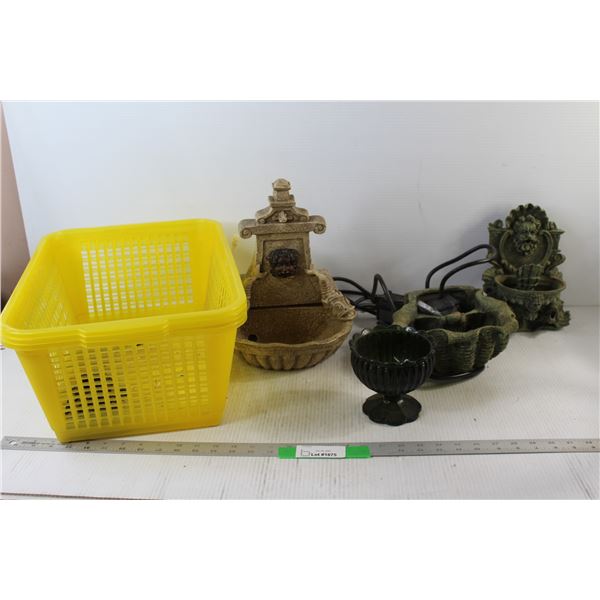 (3) Plastic Baskets, (2) Small Fountains - As Is