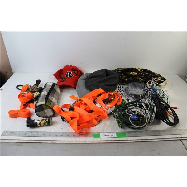 Cables and Cords, (3) Hats, Drawstring Bag, (2) Ratchet Straps,