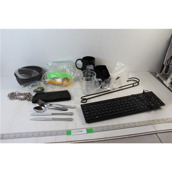 Cutlery, (2) Mugs, Keyboard - Tested Works, Misc.