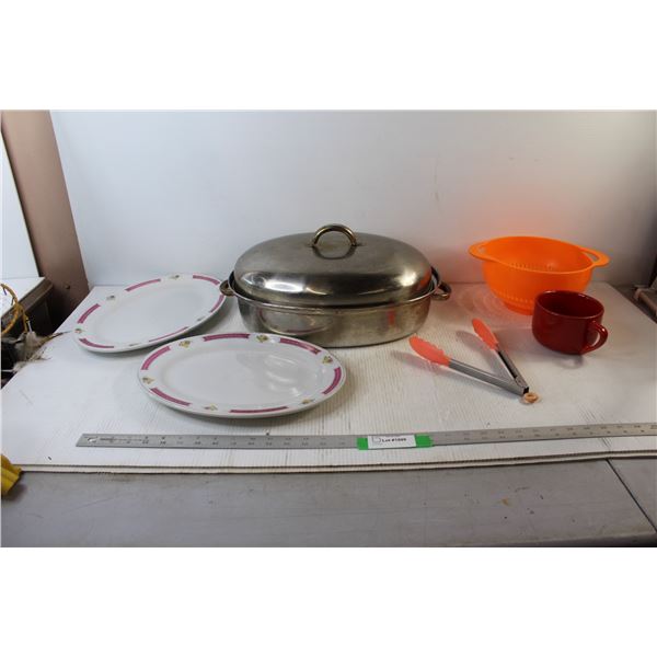 Roaster, Strainer, Tongs, Mugs, (2) Trays,