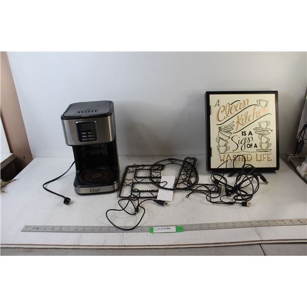 (3) Wire Letters, (3) Charging Cords, Coffee Maker - Tested Powers On