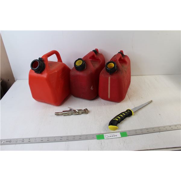 (2) 1 Gal jerry Cans, 1 1/4 Gal Jerry Can, Drywall Saw, Auger Bit