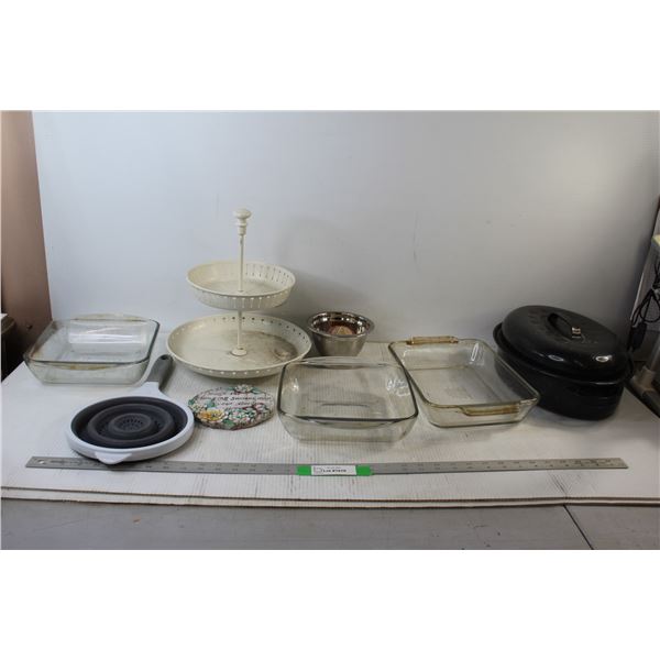 * 2-Tiered Serving Tray, (3) Glass Baking trays, Roaster, Strainer