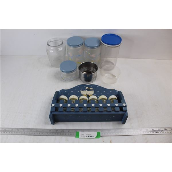 Wooden Goose Themed Spice Rack Holder w/ Canisters, (5) Various Kitchen Canisters, Misc.
