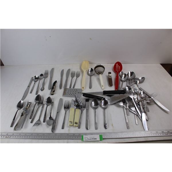 Lot Of Various Kitchen Utensils, Forks, Knives, Can Openers, Misc.