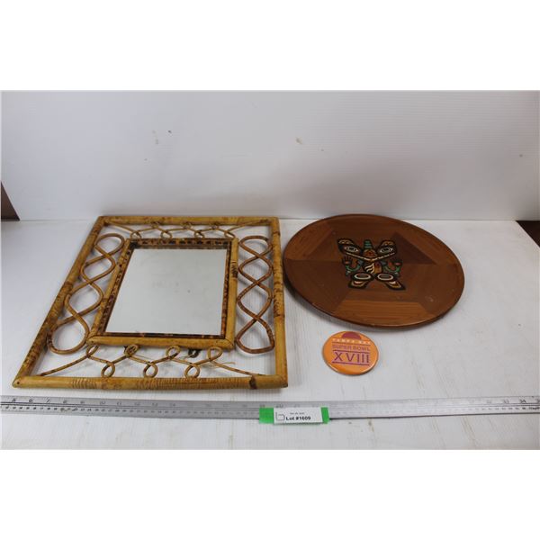 Indigenous Themed Wooden Plate Decor Art, 1984 Superbowl Pin Badge, House Decor Mirror, 16'' x 18''
