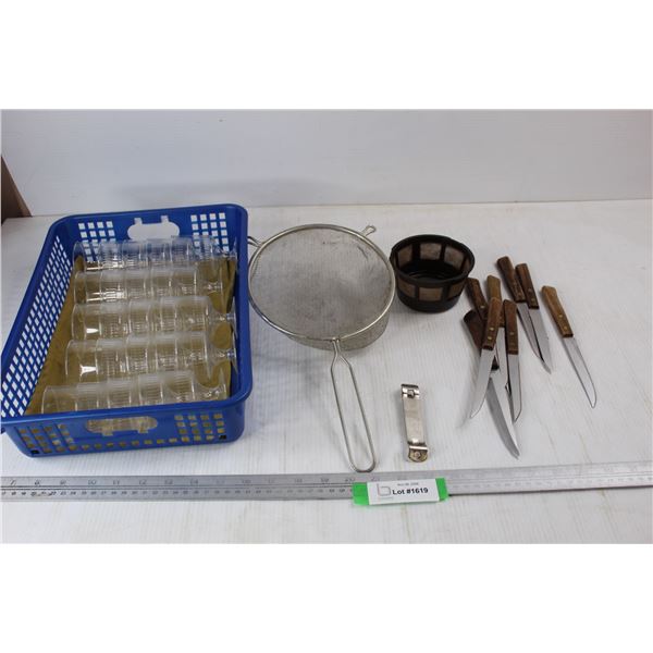 (16) Short Plastic Wine Glasses, (8) Kitchen Steak Knives, Misc.