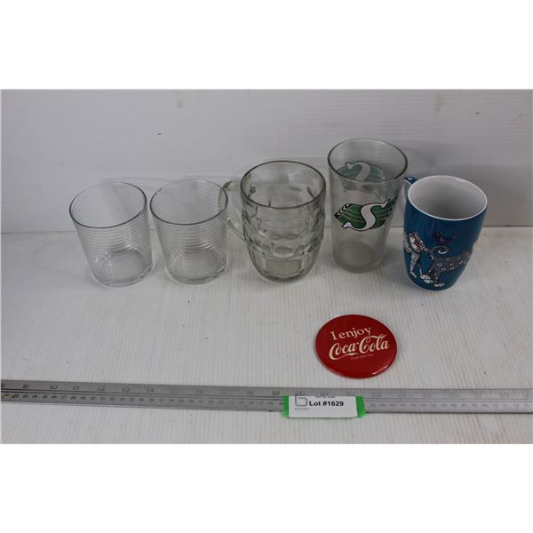 (5) Various Drinking Glasses/ Coffee Cups, Vintage Coca- Cola Pin Badge