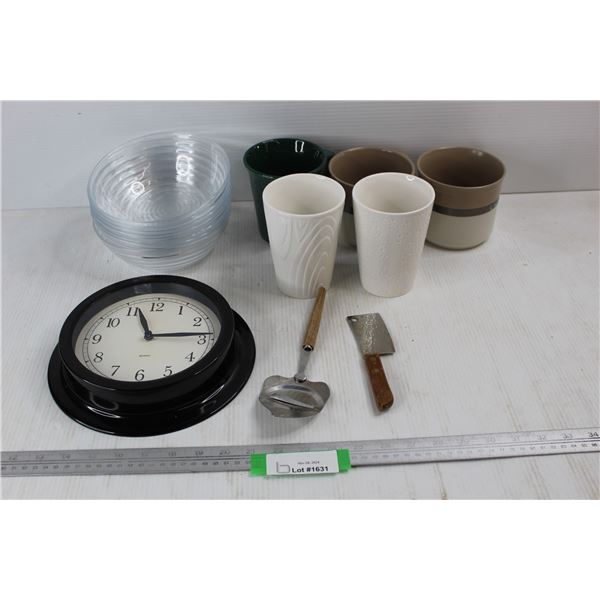 Ikea Battery Operated Wall Clock- As Is, (7) Clear Plastic Bowls, Misc.