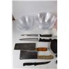 Image 2 : (14) Various Plastic Bowls- Different Sizes, (10) various Kitchen Knives/ Cleavers, Misc.
