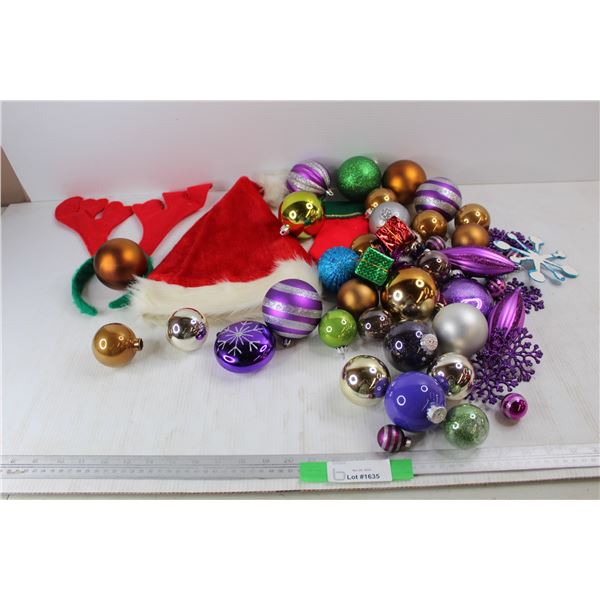 Lot Of Various Christmas Items, Reindeer Antler Headband, Santa Hat, Various Christmas Tree Decorati