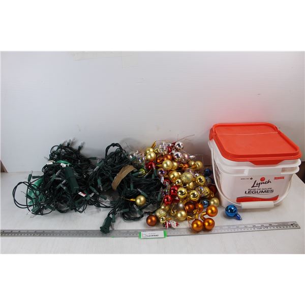 Two Bundles Of Clear Christmas Lights- Unknown Length, Various Christmas tree Balls, Misc.