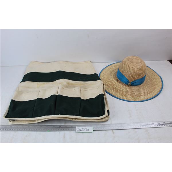 Pail Apron Tool Pouch- Some Stains, Women's Straw Sun Hat w/ Pony Tail Hole