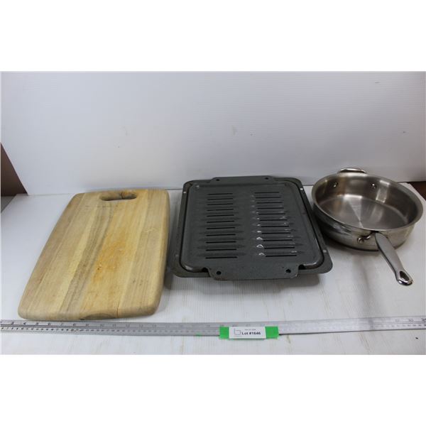 Grill Grease Tray, 13'' x 15'' , Stainless Kirkland Pot, Wooden Cutting Board, 11'' x 18''