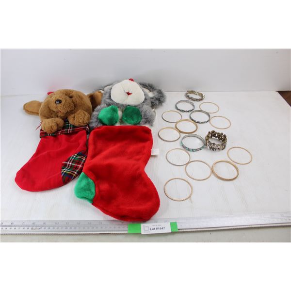 (15) various Costume Jewellery Bracelets, (2) Christmas Stockings