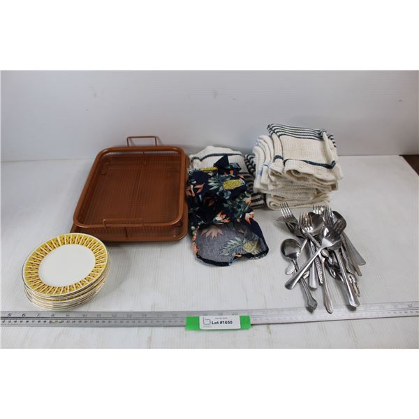 Copper Oven Pan w/ Bottom Tray, 9'' x 12'' , Various Tea Towels, (20) Various Forks & Spoons, Misc.