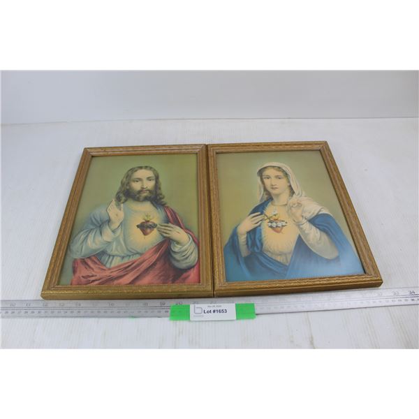 (2) Framed Jesus/ Mary Prints- Both 10'' x 13''