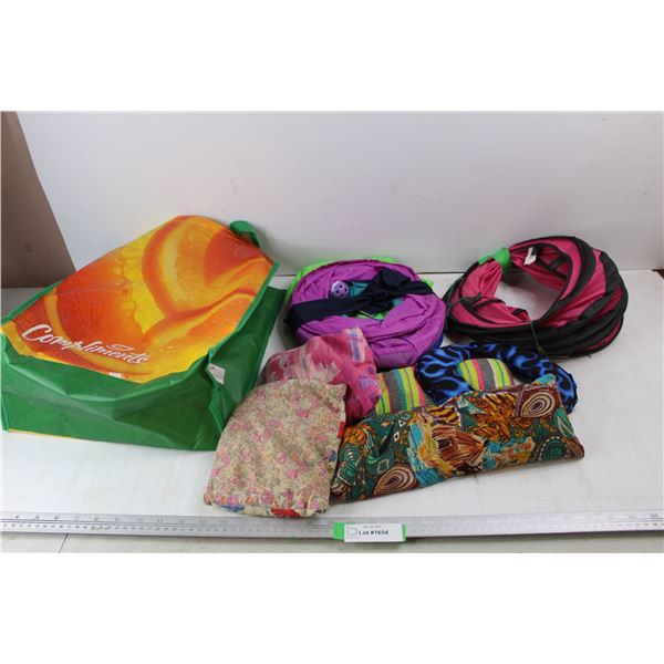 (2) Cat Tunnels- Both As Is, (5) Various Bean Bag Neck Pillows, Misc.