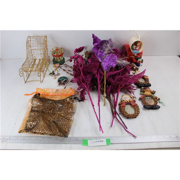 Lot Of Various Christmas Decor, Glittery Artificial Plants, Avon Tree Ornament, Misc.