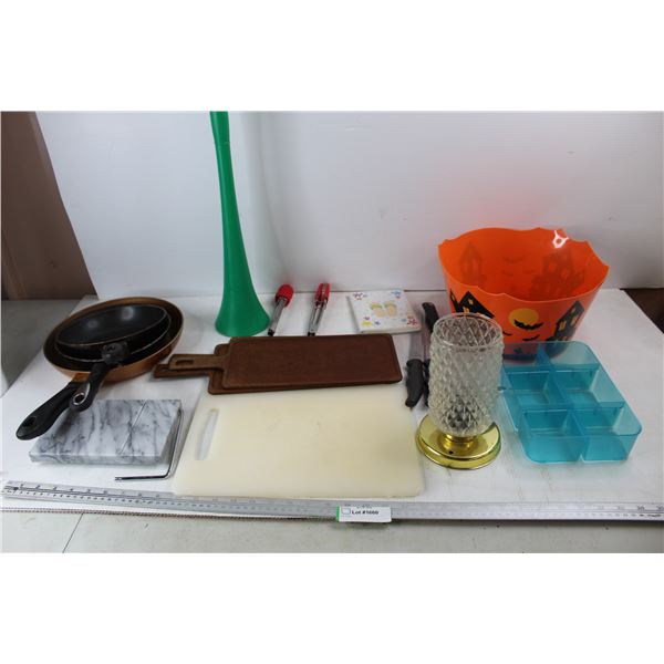Lot Of Various Items, (3) Frying pans, Glass Light Fixture, Halloween candy Bowl, Misc.