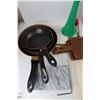 Image 6 : Lot Of Various Items, (3) Frying pans, Glass Light Fixture, Halloween candy Bowl, Misc.