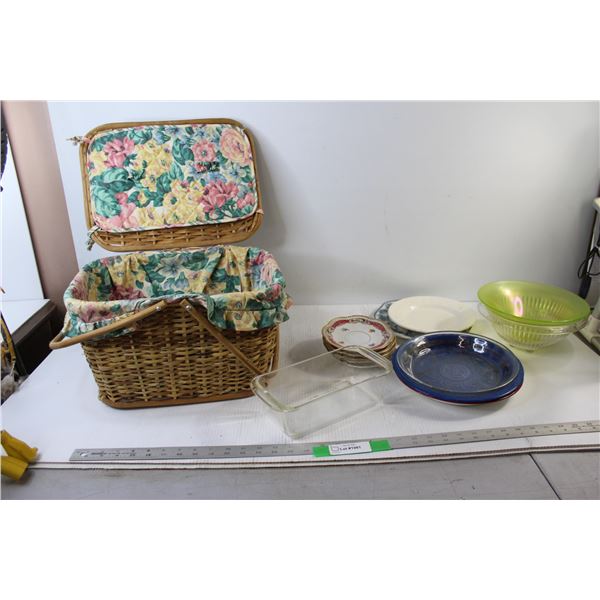 Assorted Plates, Saucer, and Bowls, Picnic Basket