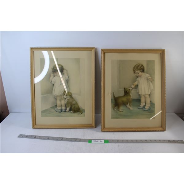 (2) Corgi Print Artworks By Bessie Peuse - The Reward and In Disgrace 15" x 19"