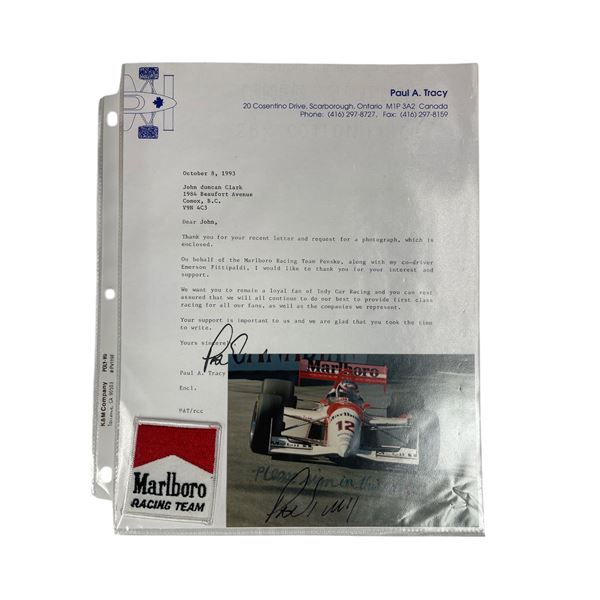 Personal Correspondence Letter And Signed Photo From Paul Tracy W/ Marlboro Racing Patch