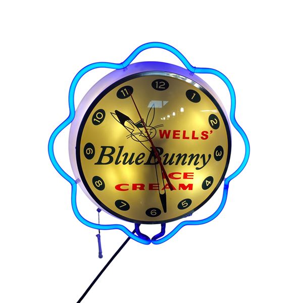 Vintage Original Wells Blue Bunny Ice Cream Neon Clock NOS