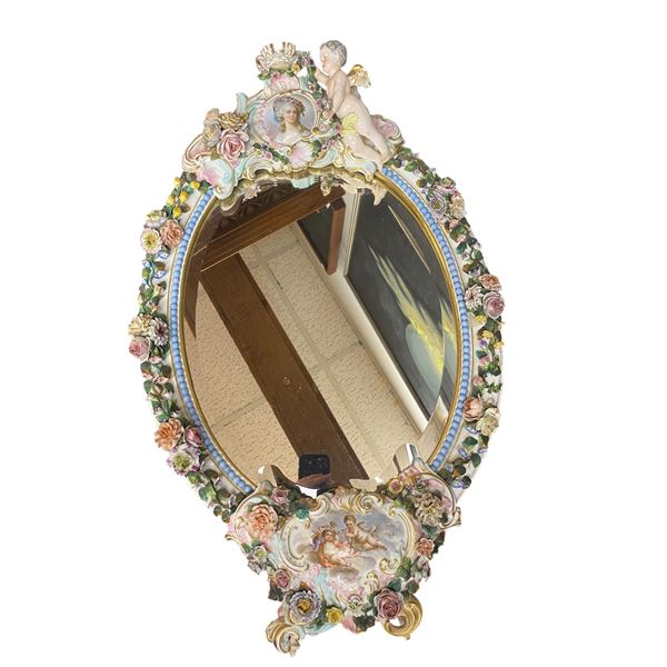 Early Meissen Porcelain Decorated Wall Mirror With Bevelled Glass