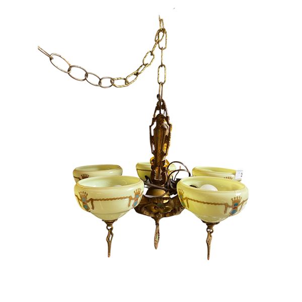 Original Art Deco Uranium 5 Light Ornate Hanging Marquette Fixture