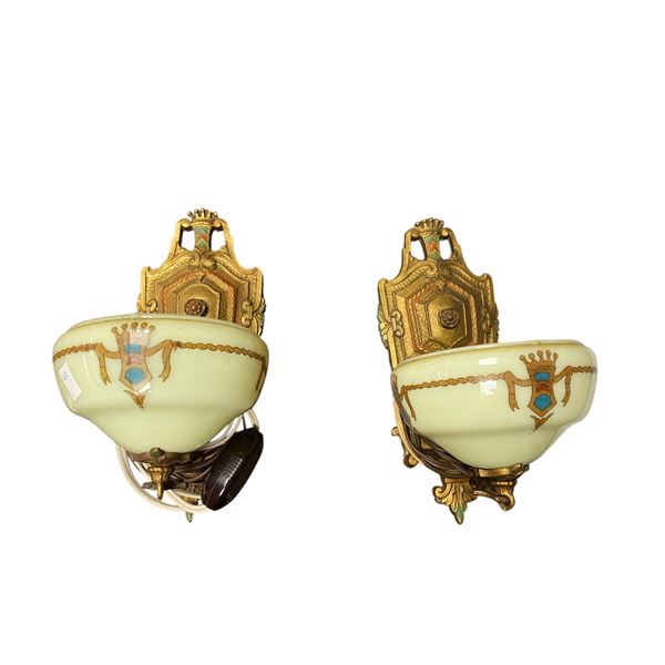 Pair Of Art Deco Uranium Gill Glass Wall Sconces