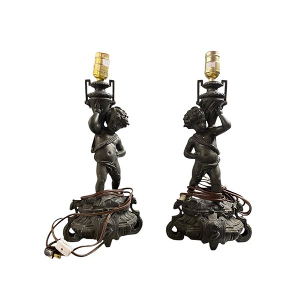 Pair Of Vintage Cast Metal Boy With Urn Figural Lamps
