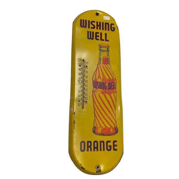 Vintage Tin Wishing Well Orange Thermometer
