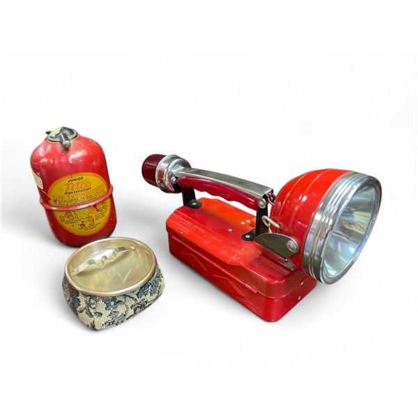 3 Vintage Collectibles, Junior Tetco Fire Extinguisher, Cloth And Metal Ashtray & Vintage Flashlight