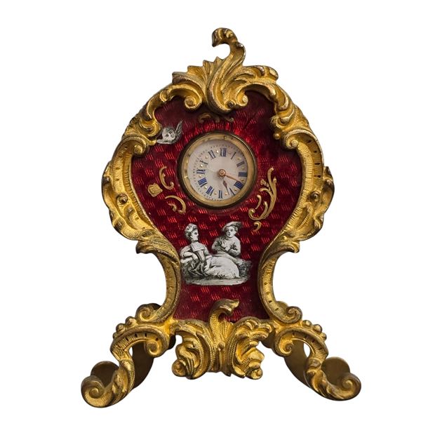 Early French Miniature Key Wind Clock With Ormolu Trim And Enamel Dial, With Key