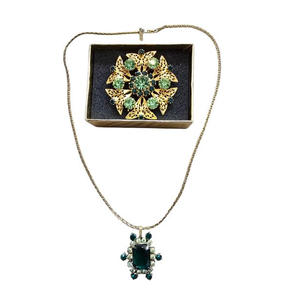 Celebrity Brooch & Rhinestone Necklace With Uranium Glass Stones, 14K Gold Plated Chain