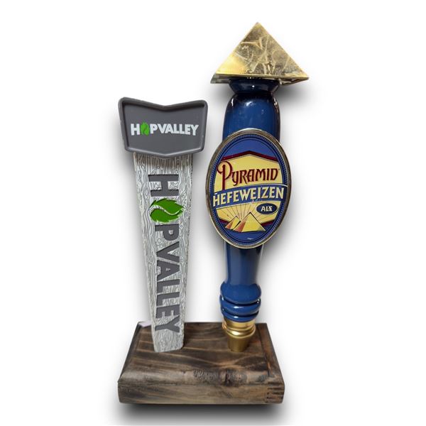 2 Beer Taps On Wood Base, Hop Valley & Pyramid