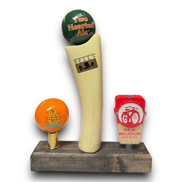 3 Beer Taps On Wood Base, Oberon, 2 Hearted Ale & New Belgium