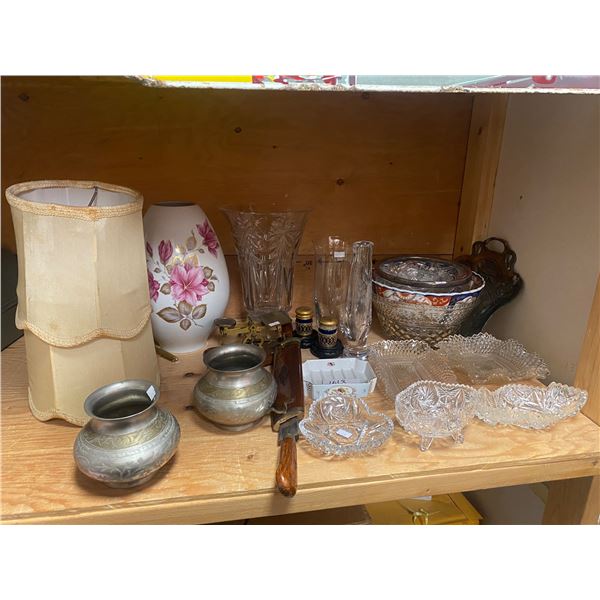 Assorted Vintage Dishware And Collectibles, Cut Crystal, Porcelain Bowl, Vases, Postage Scale, Shade