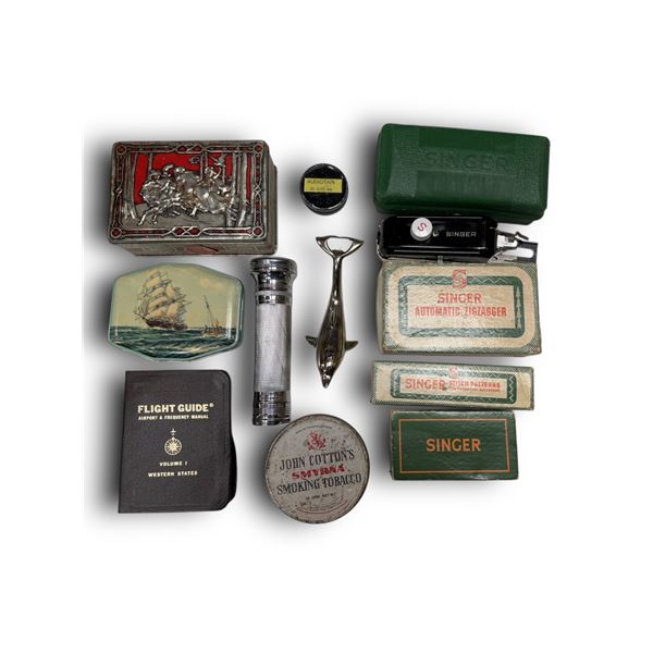 Assorted Vintage Collectibles, Tins, Singer Sewing Machine, Equipment, Dolphin Bottle Opener, Etc..