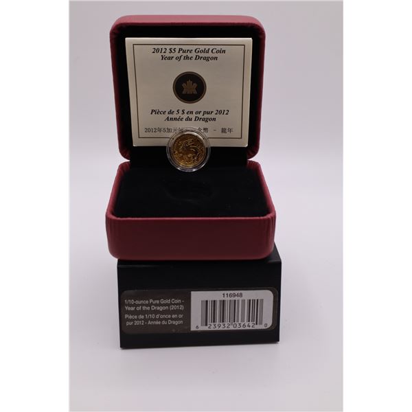 2010 $5 1/10 oz Fine Gold Coin. Lunar Year of the Dragon (tax exempt)