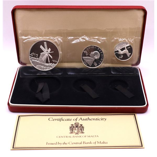 Scarce Central Bank of Malta 3 coin specimen set. .925