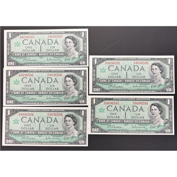 set of 5 1967 $1 notes in sequence. Beattie/Rasminsky F/P8696593-F/P8696597