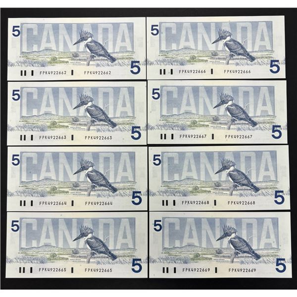 set of 8 - 1986 $5 notes in sequence from the Bird Series. Thiessen/Crow FPK4922662-FPK4922669
