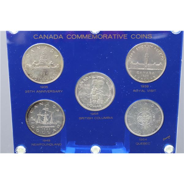 Canadian Commemorative Dollar set. 1935, 1939, 1949, 1958 and 1964. In blue capital plastics holder