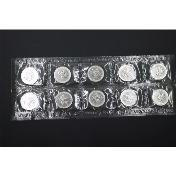 Uncut sheet of 10 2002 Silver Maple Leaf 1oz .9999 silver (tax exempt)